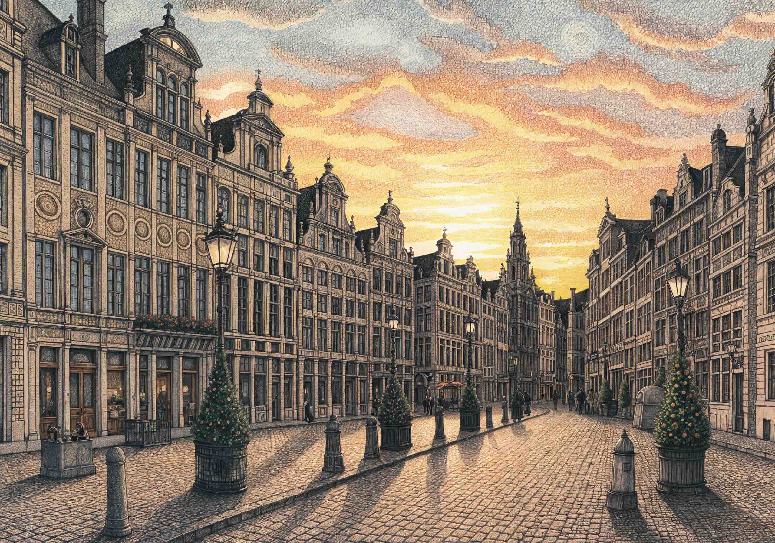 A detailed illustration of a historic street in Brussels, Belgium, featuring ornate guildhalls, cobblestone paths, and warm golden light from a sunset sky.