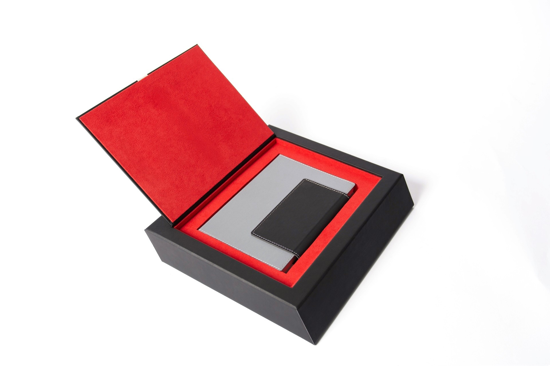 Premium corporate gift set with journal, passport case, and luggage tag in luxury presentation box