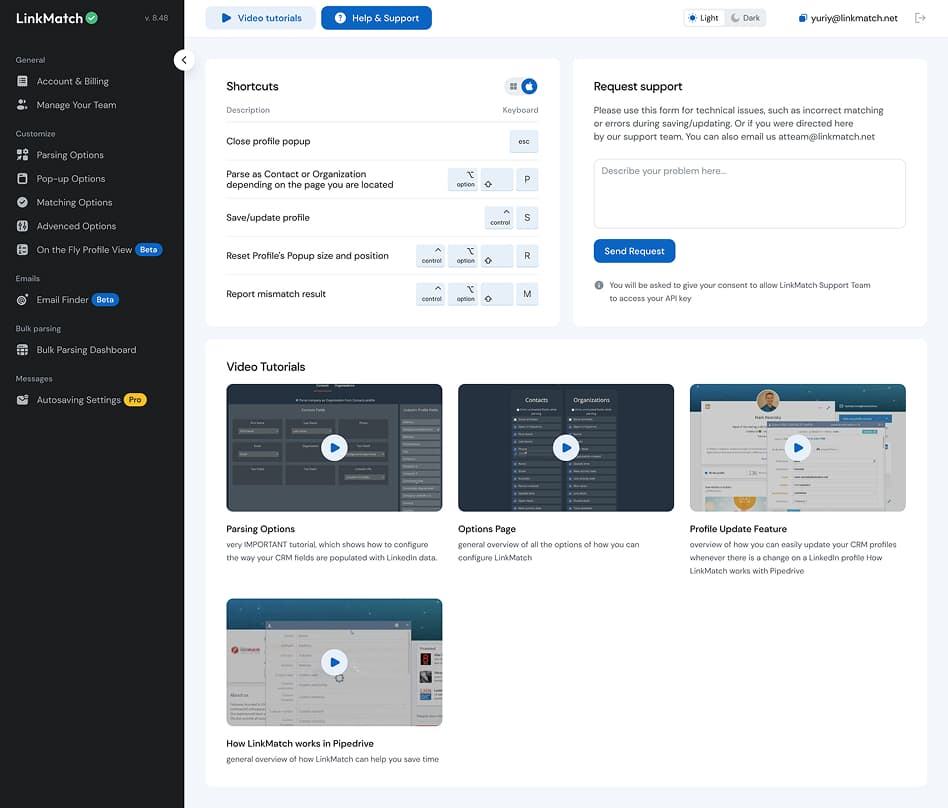 LinkMatch support page featuring keyboard shortcuts, support request form, and video tutorial library