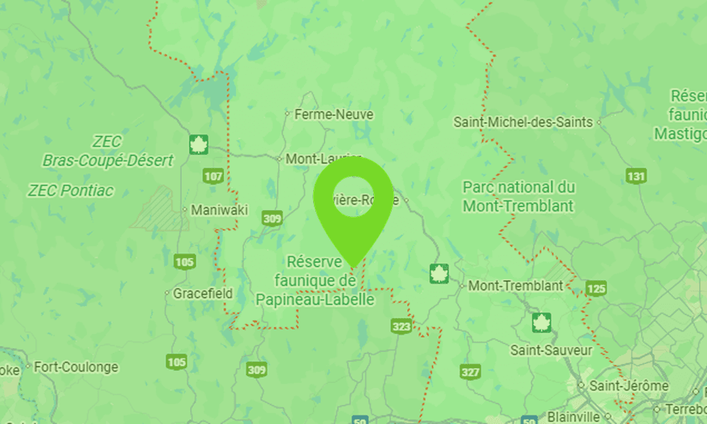 Carte montrant la zone des Laurentides étant desservie par B2Web, experts en conception de sites web au Québec