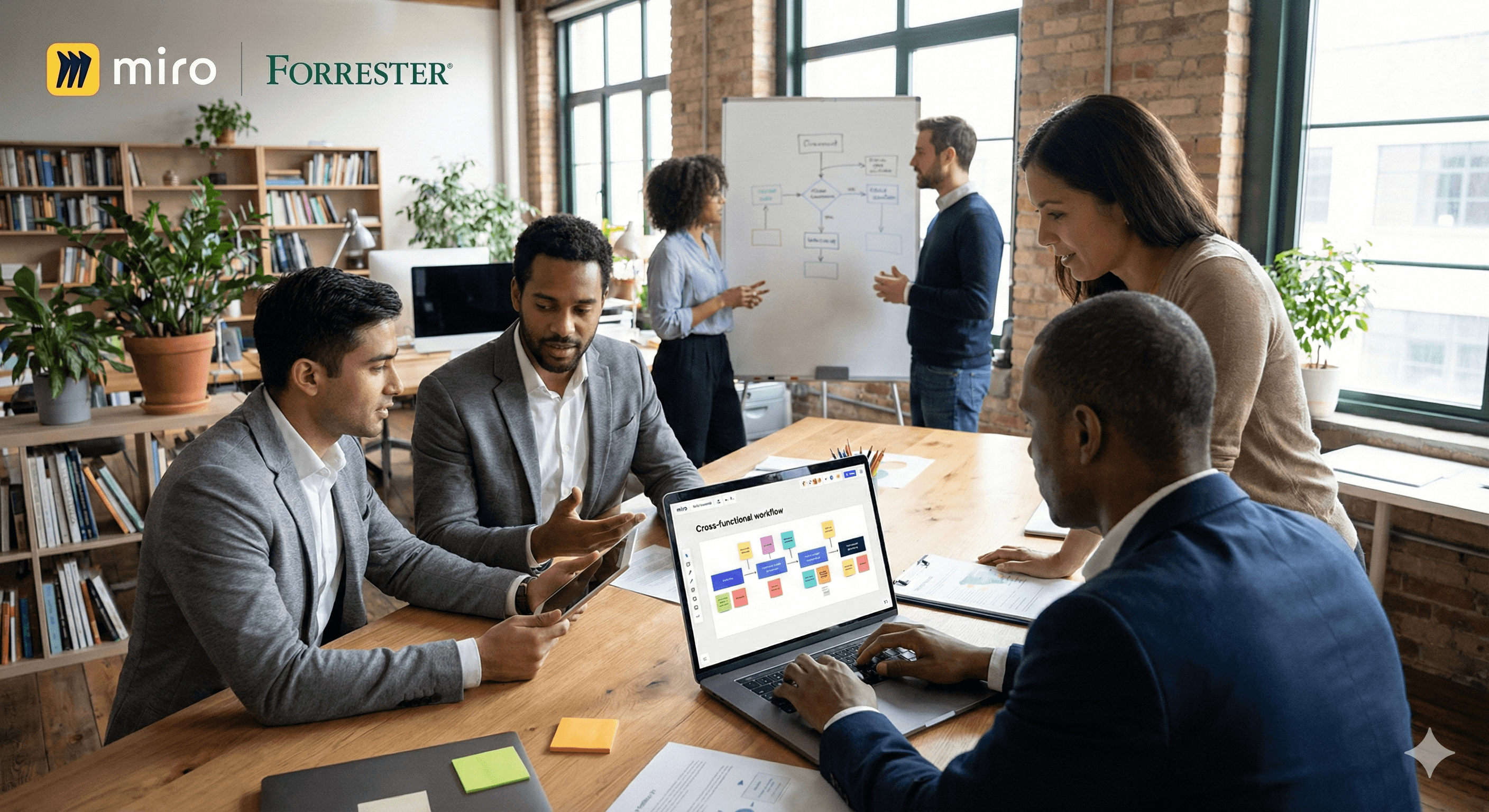 A group of professionals collaborates in a modern office around a wooden table, using laptops with digital charts, while one member writes on a whiteboard, exemplifying teamwork and strategy insights in a tech-forward environment.