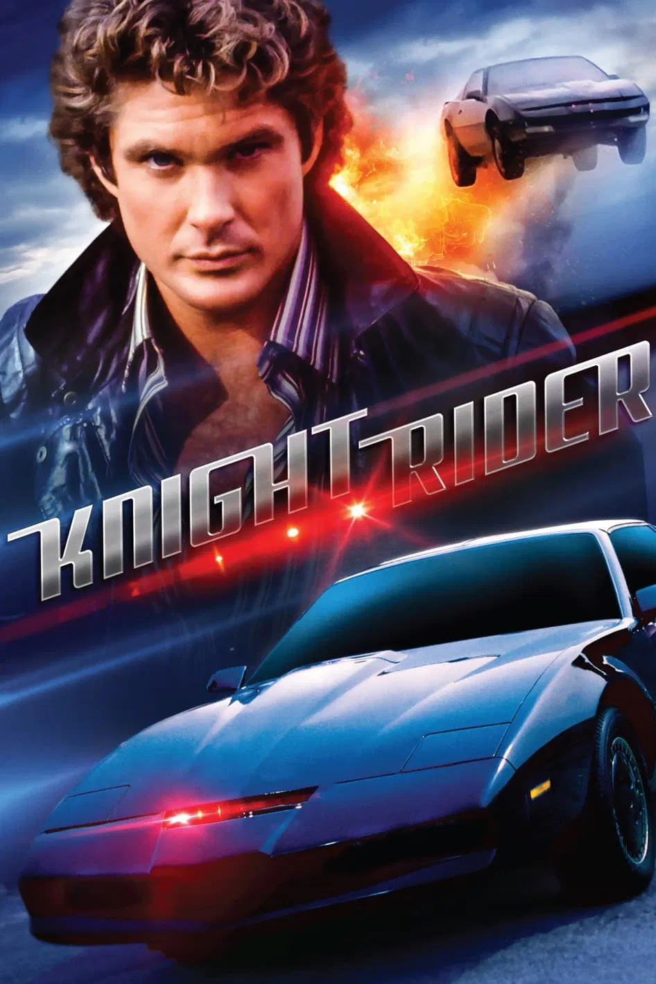 The "Knight Rider" poster features a man in a leather jacket, prominently showcasing a sleek black car with red scanner lights in the foreground and another car airborne, suggesting action and drama.