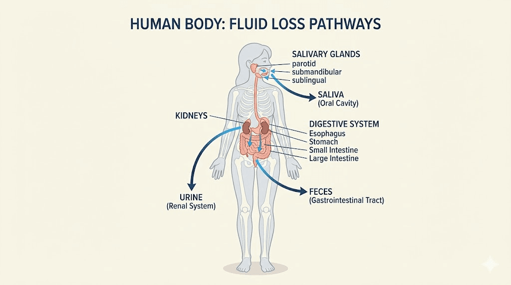 Diagram showing five mechanisms of tirzepatide-induced thirst including kidney and salivary gland effects