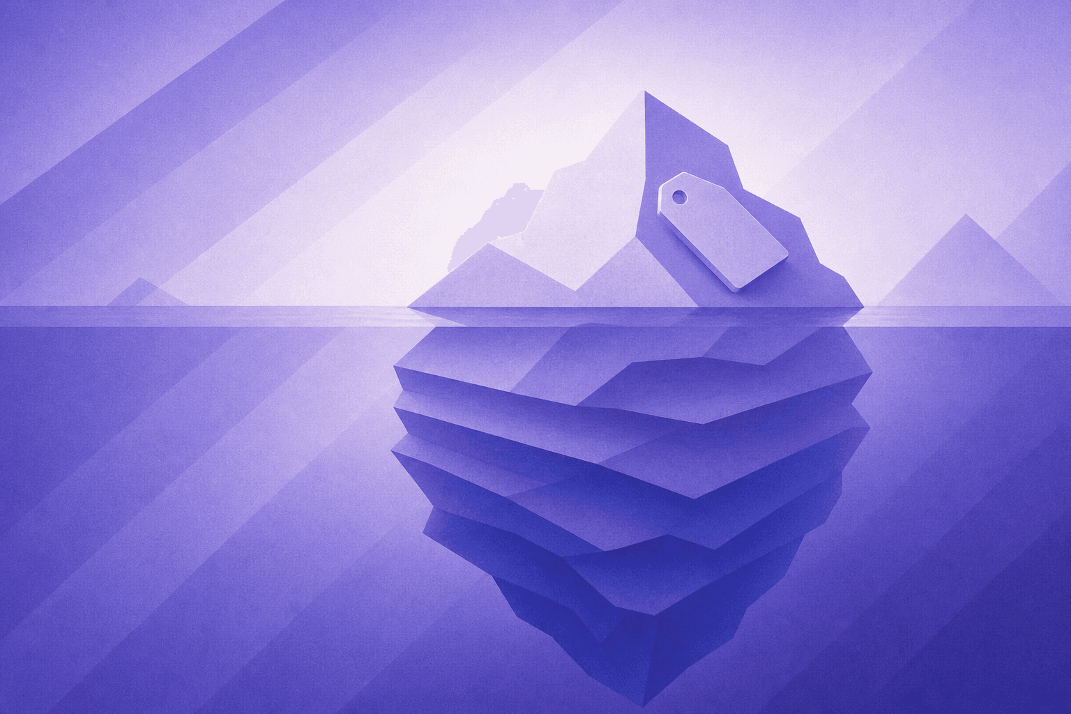 A flat design illustration showing multiple layers of overlapping financial costs stacked like an iceberg, with the visible tip representing a small price tag above water and the larger hidden mass below the surface showing infrastructure, data, onboarding, and maintenance cost layers in different shades of blue and teal. Clean modern style with no text or labels.