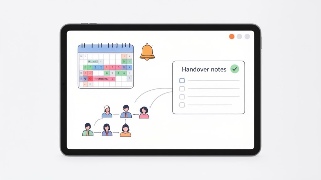 A tablet screen showing a calendar, team structure, a notification bell, and handover notes for work management.