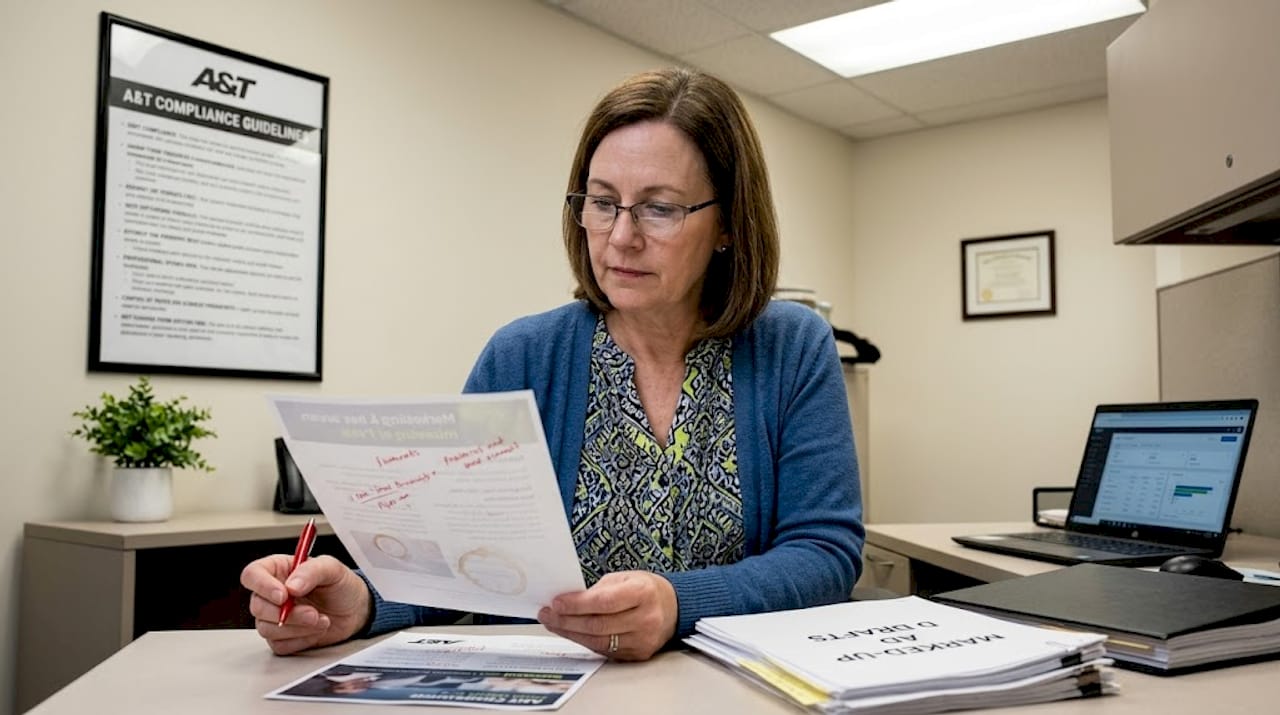 Compliance officer reviews healthcare ad materials