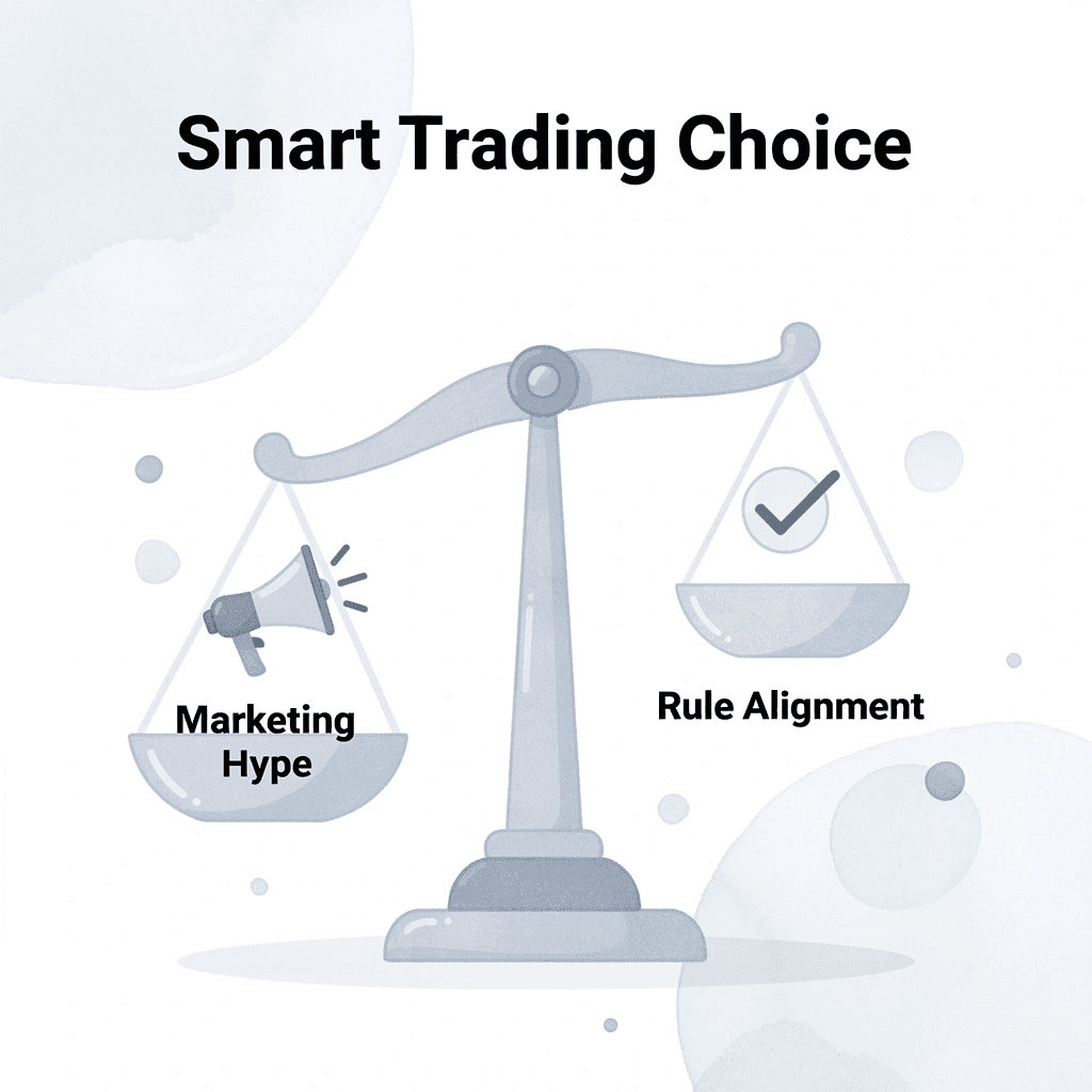 Balance scale comparing marketing hype versus rule alignment