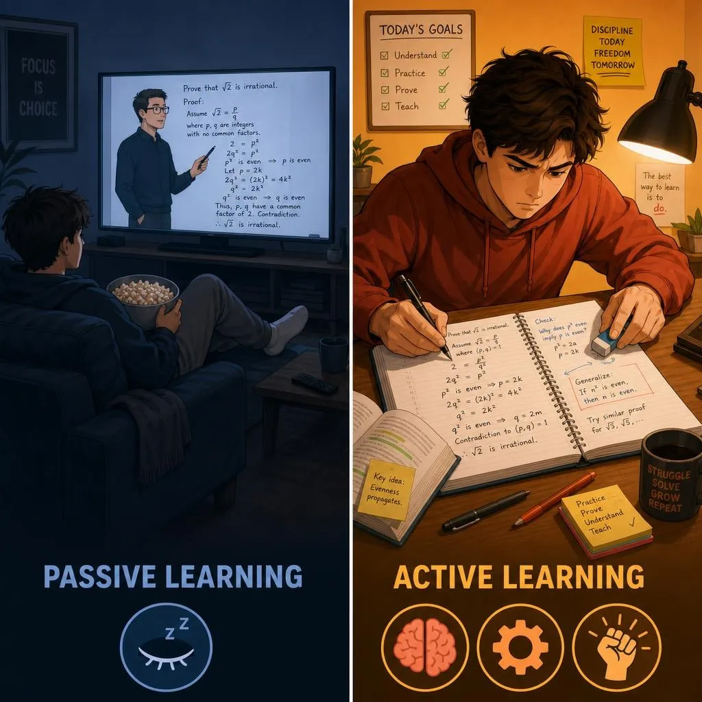 A vertical split-panel illustration contrasting passive learning (watching a tutorial) with active learning (actively writing and correcting equations) to highlight the importance of active engagement in math.