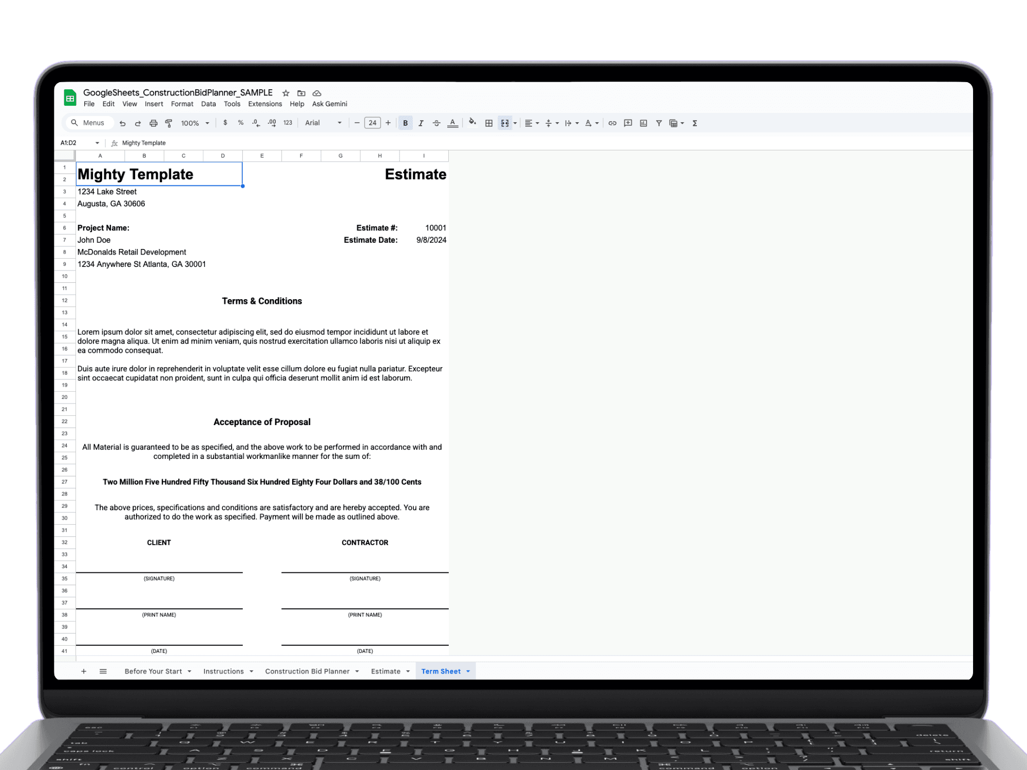 Construction bid term sheet in Google Sheets displaying terms, acceptance of proposal, and client and contractor signature fields.