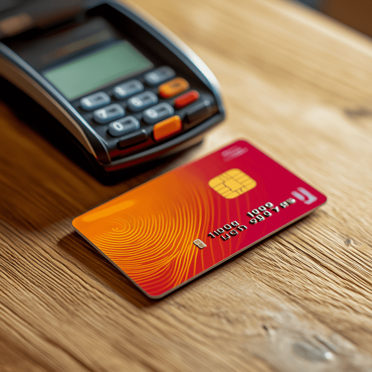A vibrant red and orange debit card with a gold chip lies on a wooden table beside a black payment terminal, conveying modern, cashless transactions.