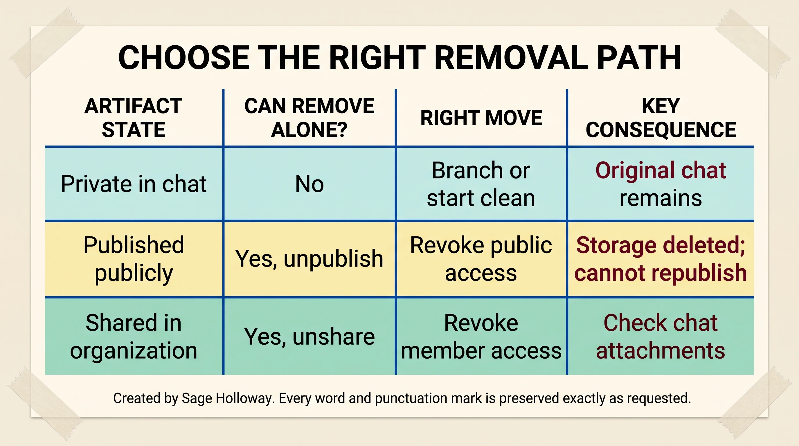 Comparison table of removal paths for private, published, and organization-shared Claude artifacts