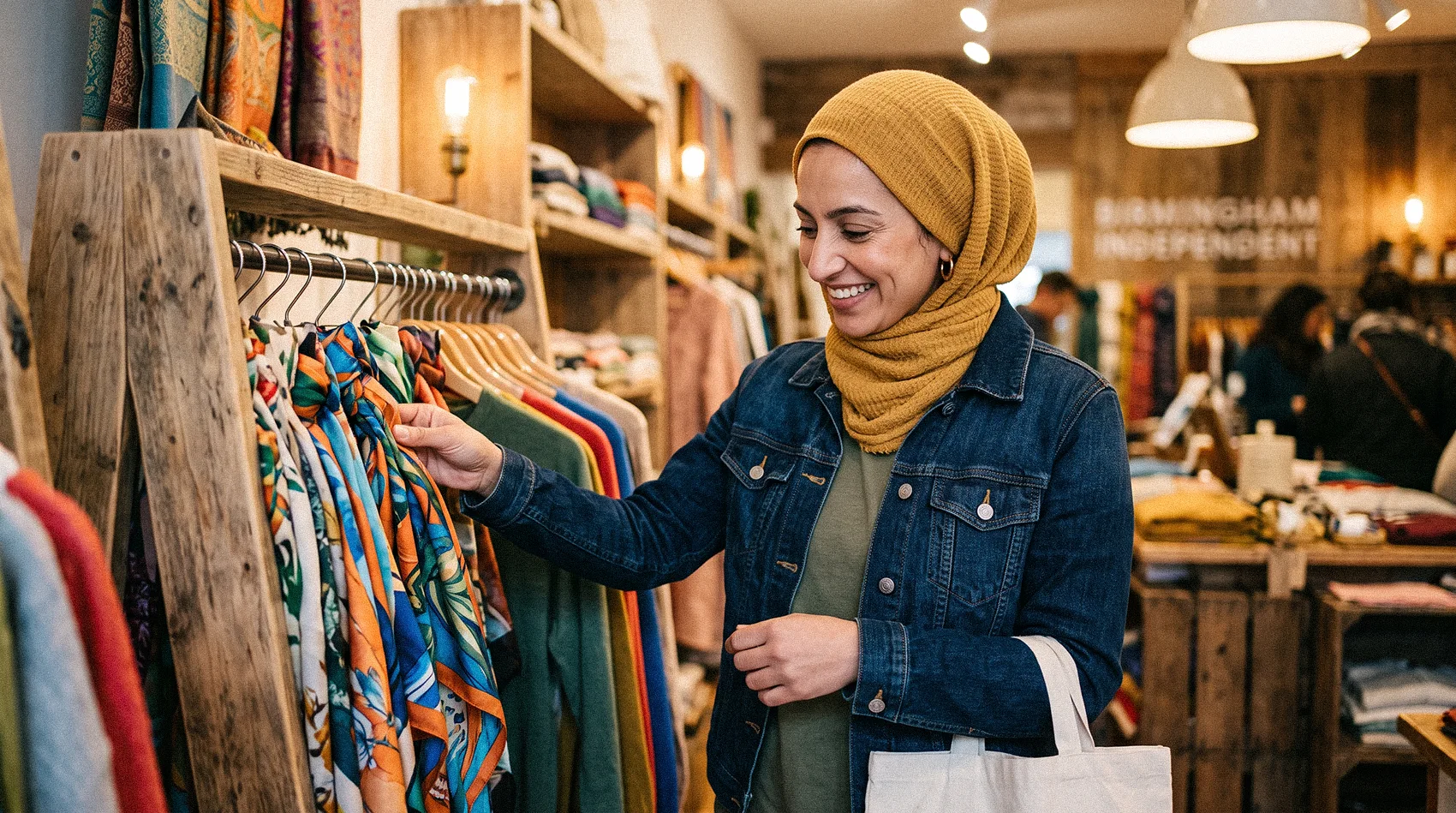 Smiling woman in hijab browsing colourful silk scarves in Birmingham Independent boutique - modest fashion shopping