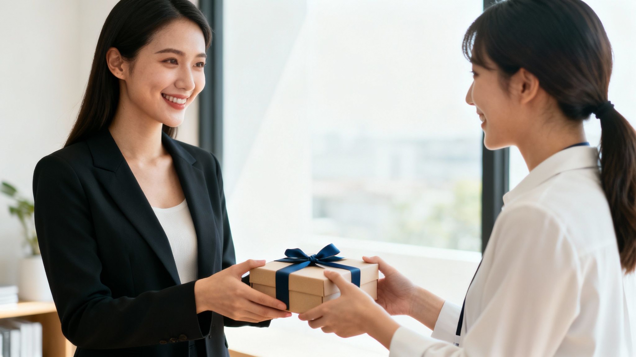 A person unboxing a gift with personalized wrapping paper.
