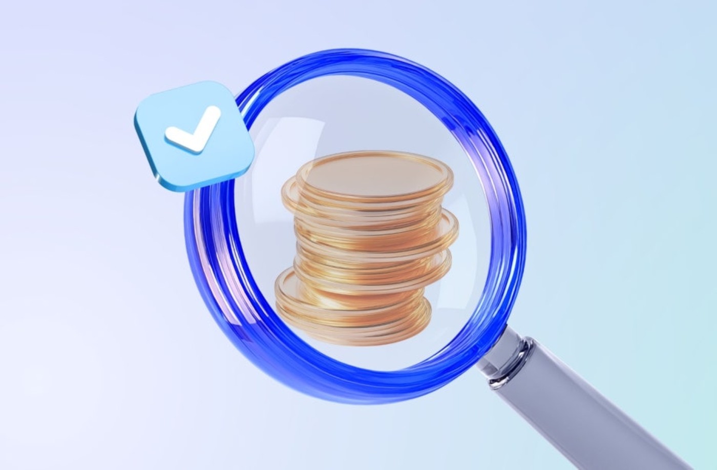 돋보기로 동전을 관찰하는 이미지