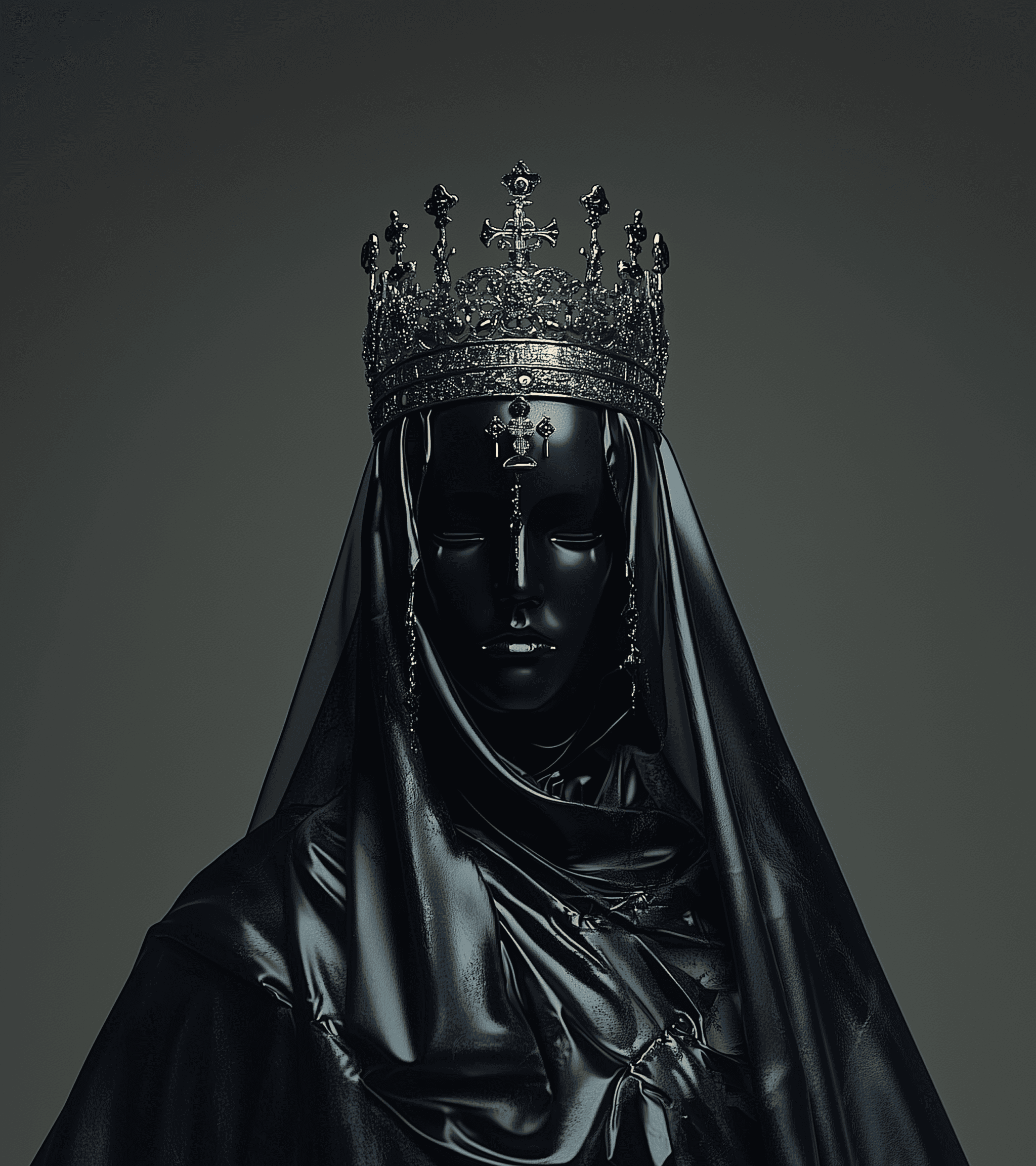 A dark King Baldwin wearing an elaborate crown and veil, Front view, against a grey background. The image is hyperrealistic, the figure wearing black and accessories, symmetrical portrait of a black statue wearing an ornate crown and veil with an elaborate filigree design on the face