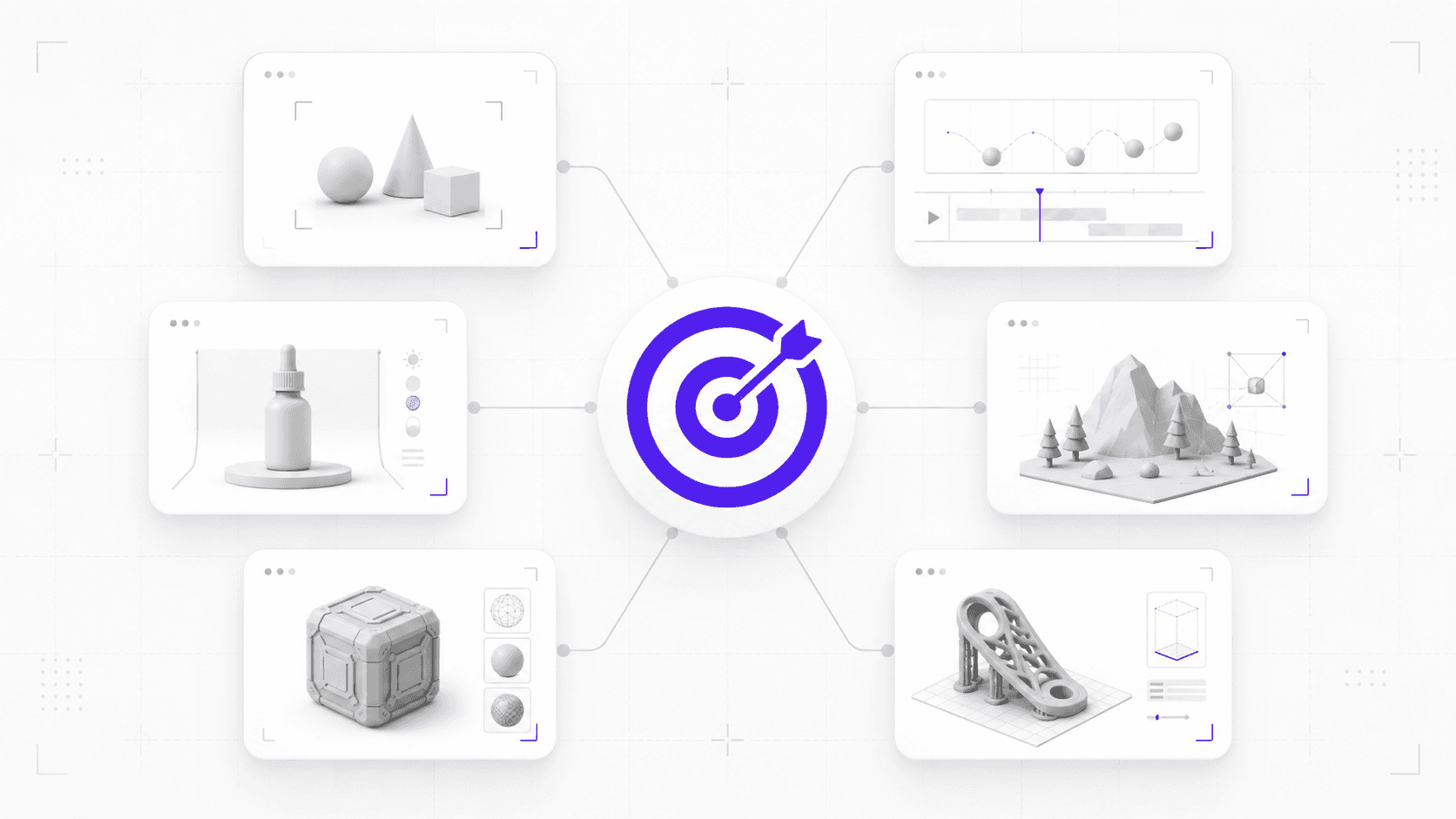 Blender project goal map with a central target icon connected to cards for still render, animation, product shot, environment, 3D asset, and 3D print model.