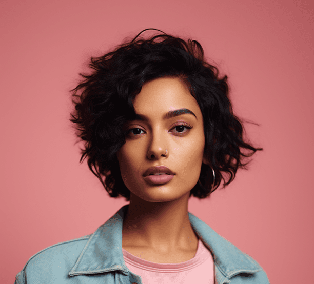 Young woman with short hair poses beautifully in front of a pink background, radiating charm and confidence.
