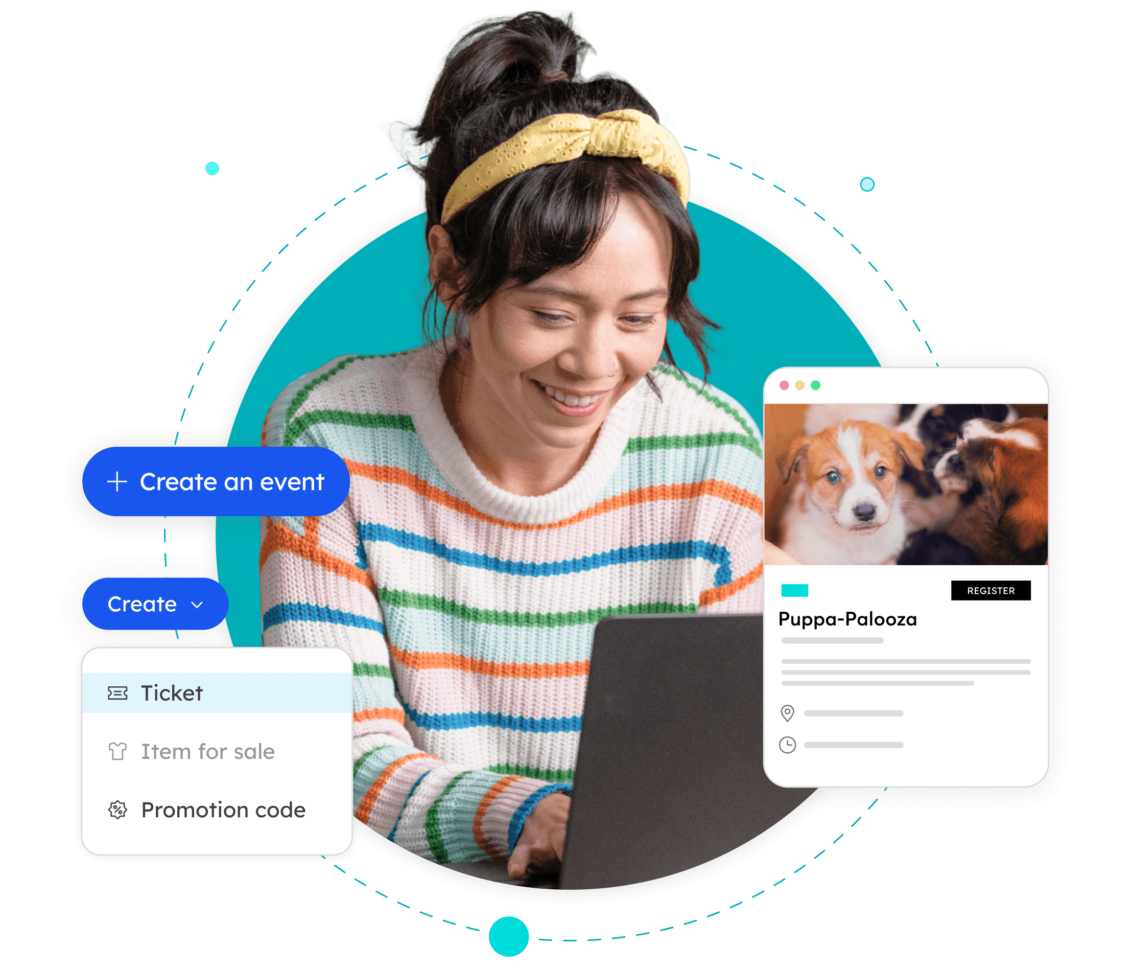 Image of lady surrounded by marketing related graphic elements.