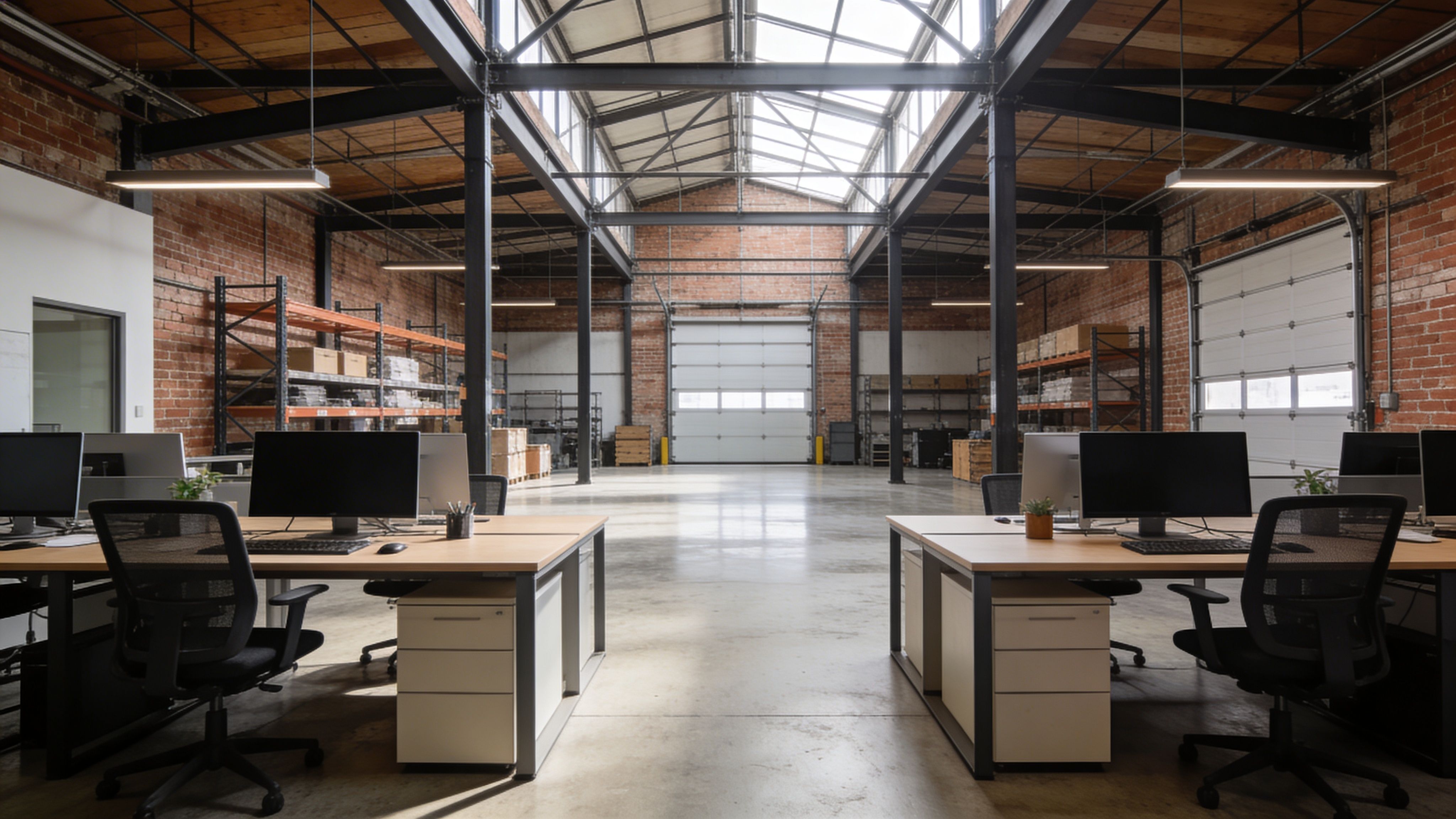 Hybrid warehouse and office space with workstations in foreground and storage racks in background, showcasing flexible commercial use