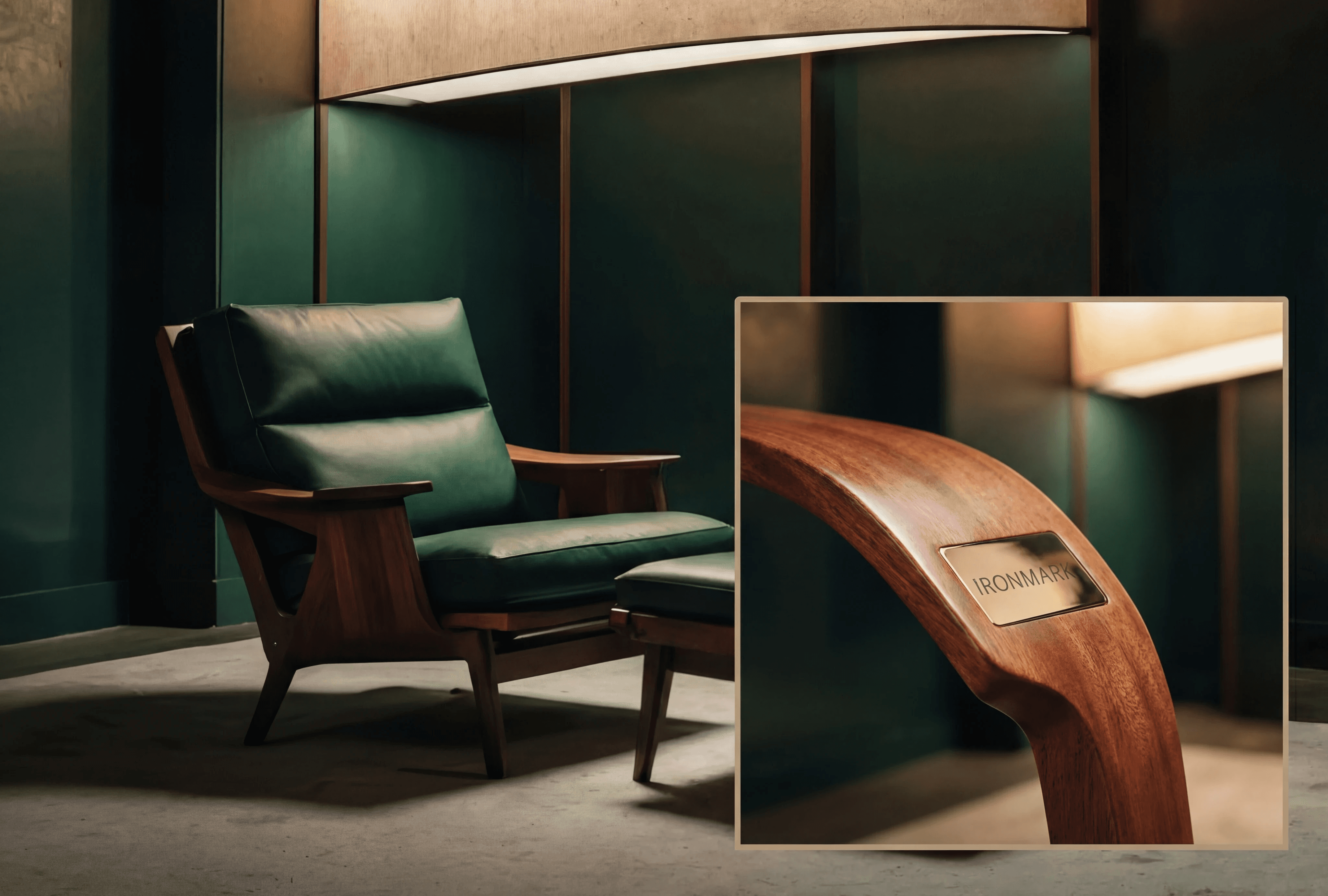 A stylish green armchair next to a modern lamp, set against a dark wall for a cozy atmosphere.