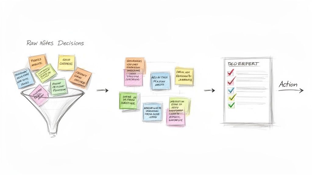 Flowchart illustrating the process of filtering raw notes, organizing ideas, and creating action items.