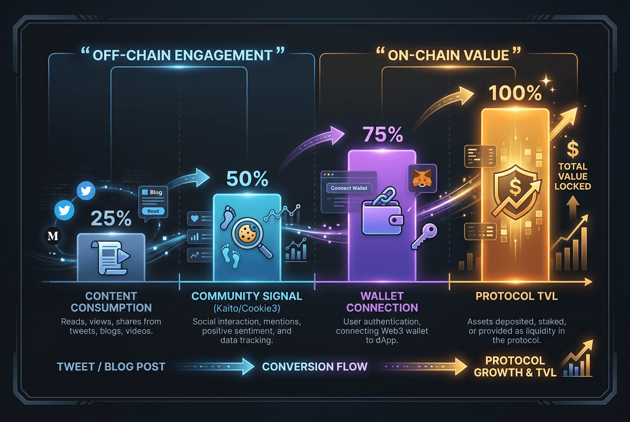 A horizontal bar chart showing the linear progression from off-chain content consumption to on-chain protocol total value locked (TVL).
