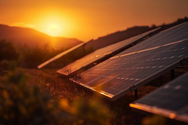 Solar panels in a field absorbing sunlight during a sunset, with mountains in the background.