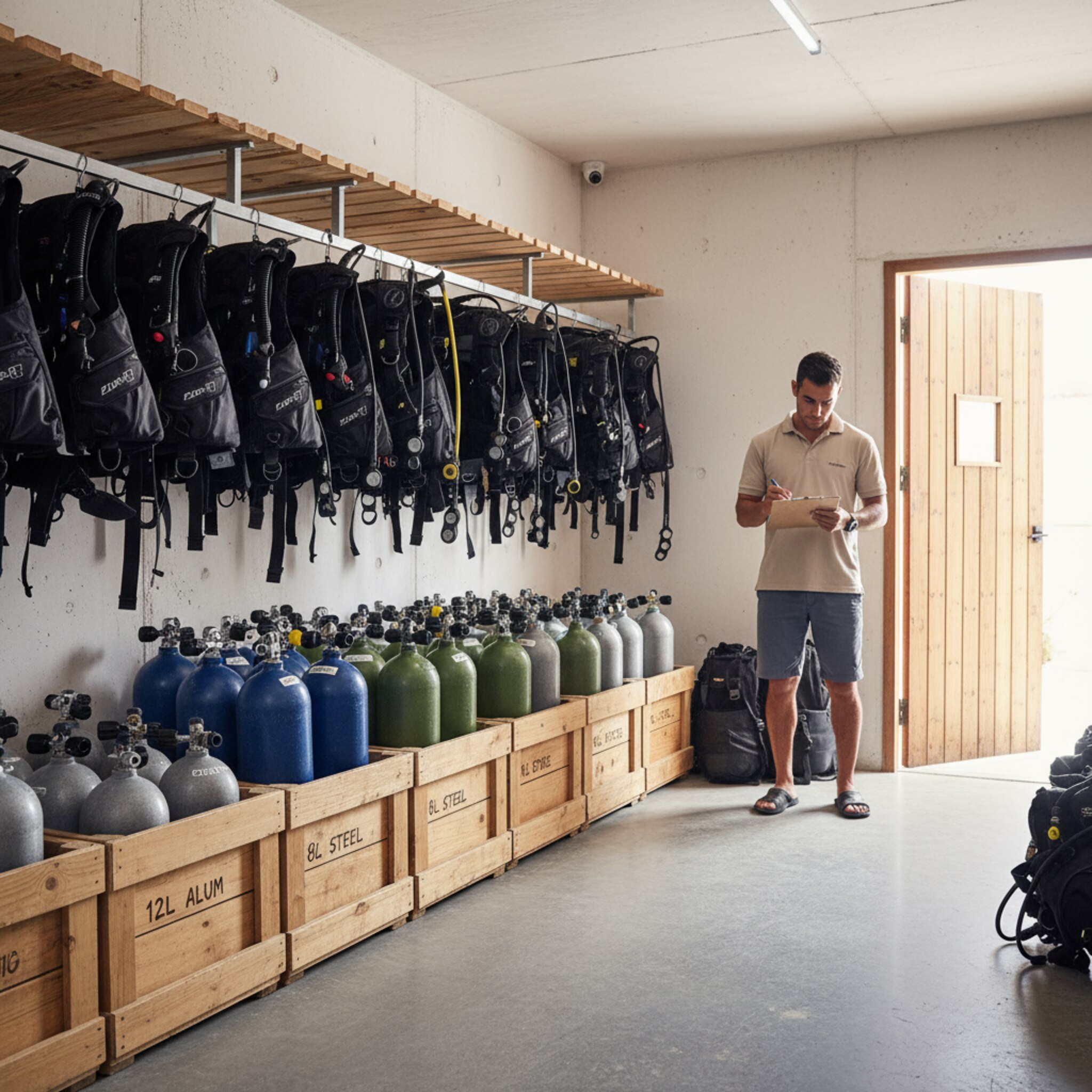 Realistisches Foto, Gear-Raum einer Tauchbasis mit ordentlich sortierten BCDs, Reglern und markierten Flaschengrößen, Mitarbeiter prüft Bestände, natürliche Arbeitsatmosphäre.