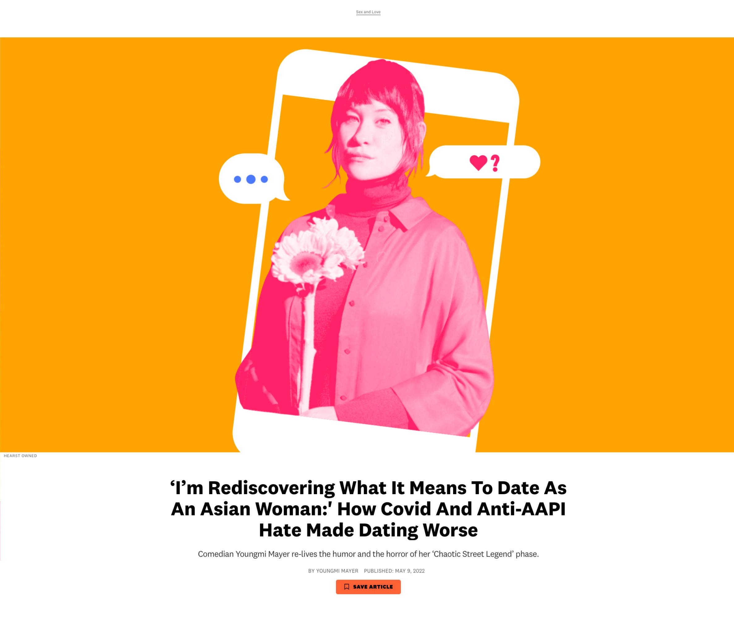 A web page with a duotone photo-illustration of a woman holding a flower framed by a cellphone shape. On an orange background