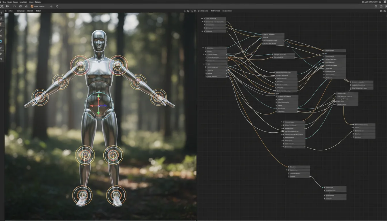 A high-fidelity screenshot of the Unreal Engine software interface, presented in a Modern Dark Mode. The layout is a split-screen view. On the left, a 3D viewport shows a metallic humanoid mannequin in a reference pose against a slightly blurred, photorealistic outdoor background with natural daylight. The mannequin is overlaid with colorful 3D rigging controls, including red, yellow, and orange rings on its body and a prominent XYZ axis gizmo. On the right, a node-based Rig Graph editor on a dark grid displays a complex flowchart of interconnected black nodes with placeholder UI elements, linked by smooth, curving white, orange, and light blue lines.