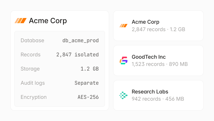 Acme Corp database details: 2,847 records, 1.2 GB storage. Other companies listed.