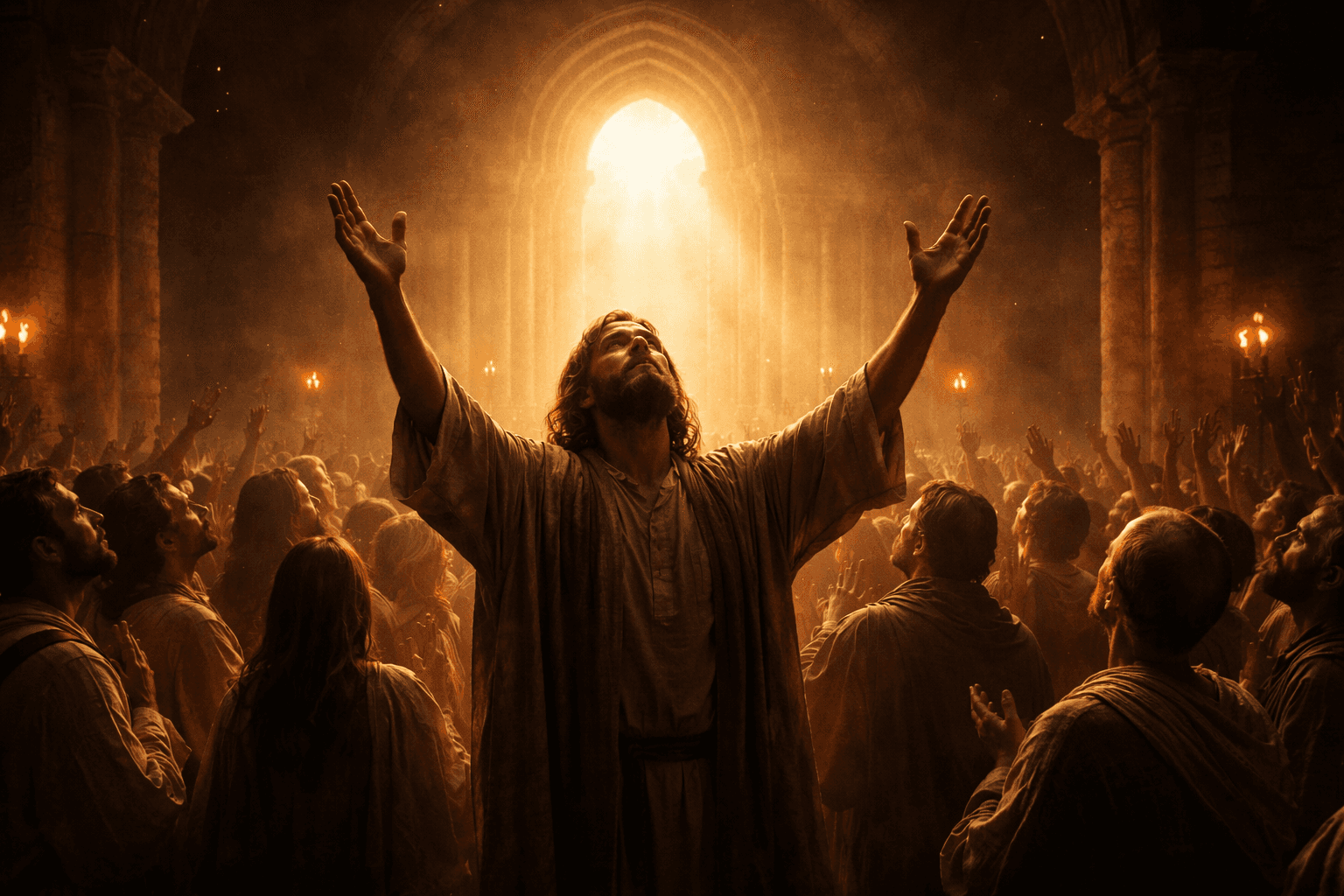 Cinematic image of early Christians lifting their hands in prayer beneath radiant light, symbolising the meaning of Maranatha in the early church