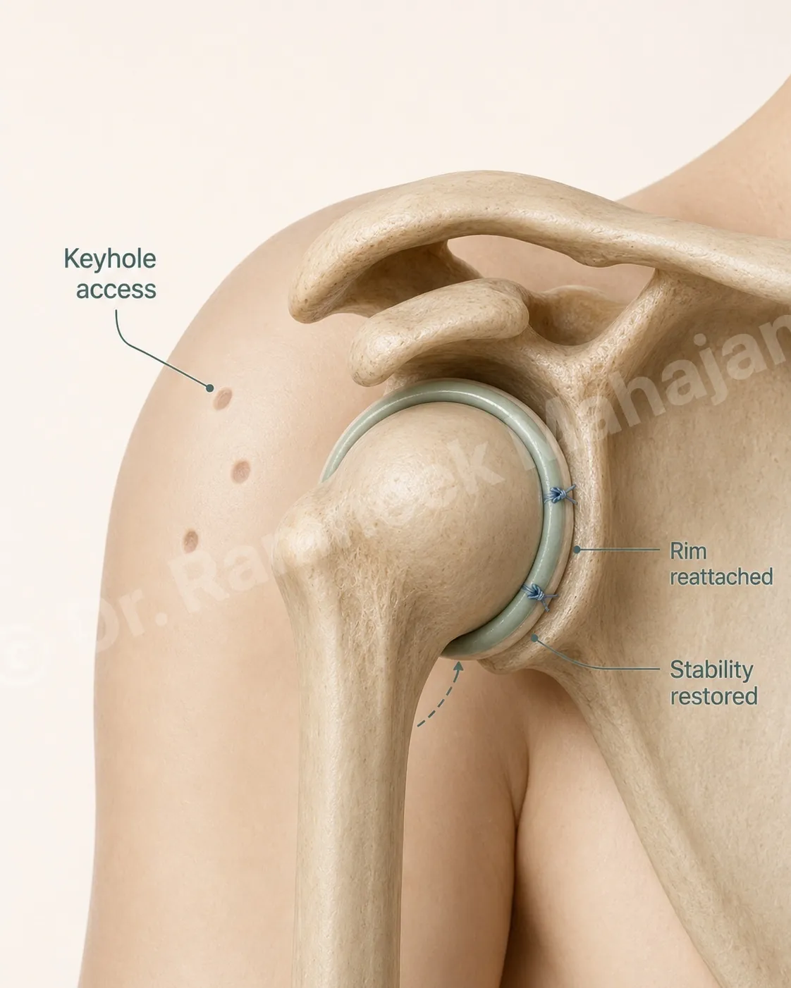 Keyhole stabilisation reattaches the torn socket rim with small anchors, rebuilding the wall that holds the ball in.