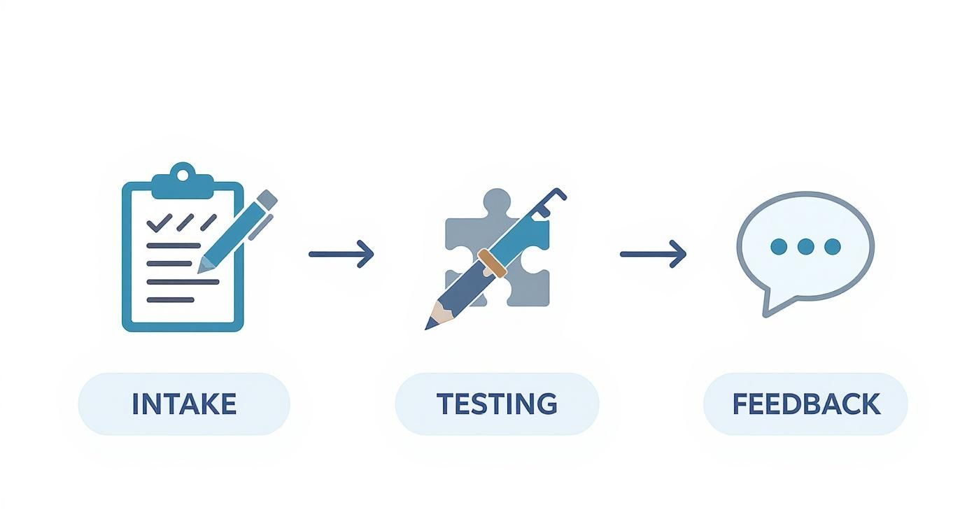 A three-step process diagram with icons for Intake (clipboard), Testing (puzzle with pen), and Feedback (speech bubble).