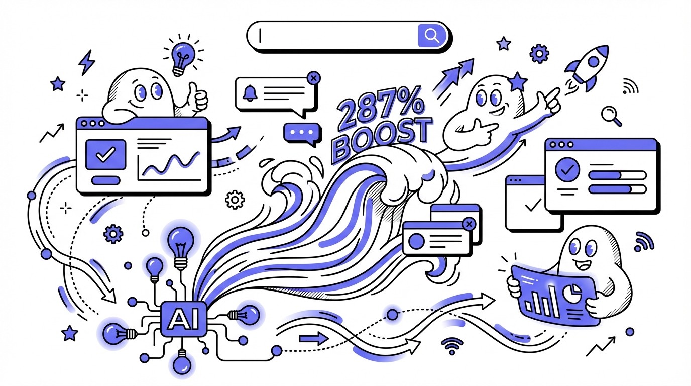 A modern, tech-focused illustration showing a dramatic increase in response rates. A large, glowing upward arrow or wave visually represents a '287%' boost, originating from an abstract AI neural network core. Digital data streams and interconnected nodes highlight the AI power, set against a background of cool blues and purples.