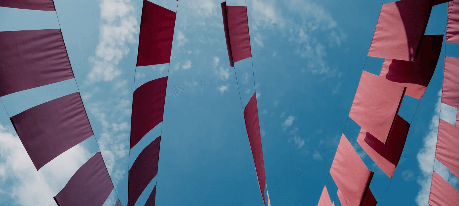 Red and purple flags against a blue sky.
