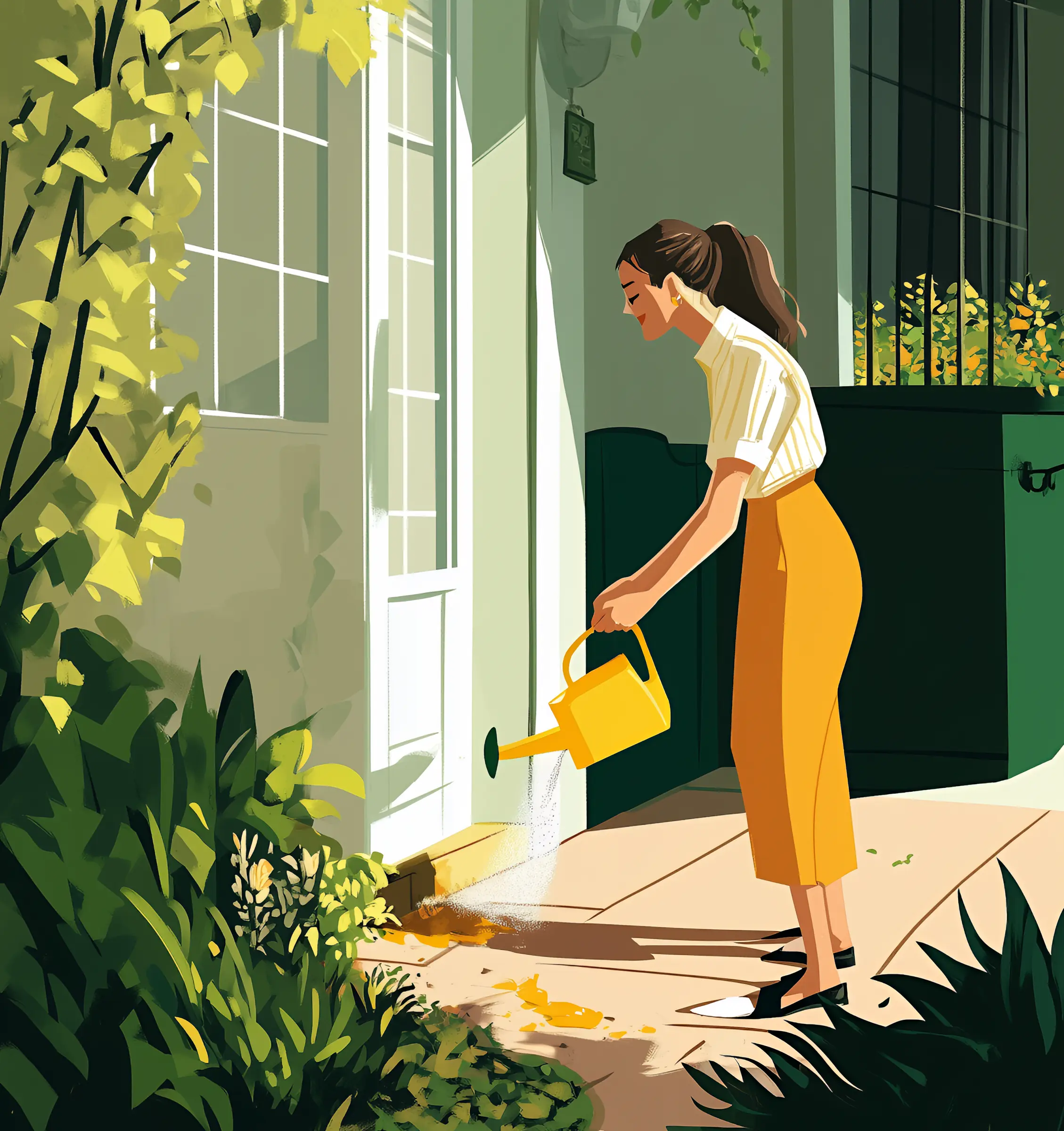 Illustration of woman watering plants outside a house