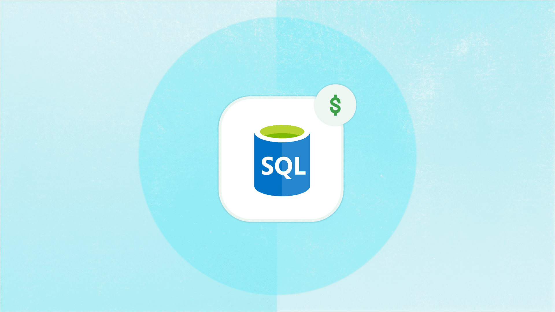 The image features a stylized, colorful icon of a blue SQL database cylinder set against a bright lime green background, accompanied by black geometric shapes, illustrating digital data management relevant to cloud cost optimization strategies.