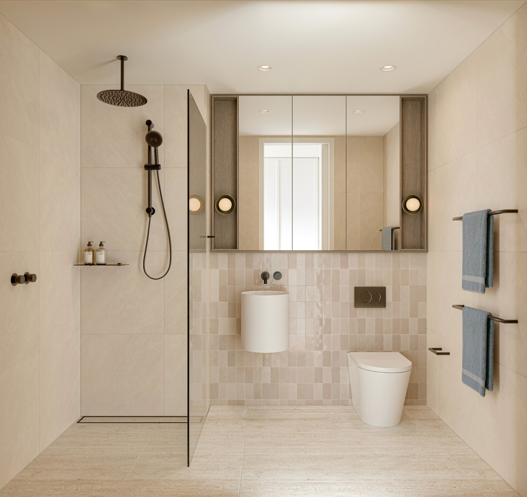 Luxury bathroom at Fletcher House Artarmon featuring walk-in shower, stone finishes and premium fittings, buy off the plan with $10k via Coposit.