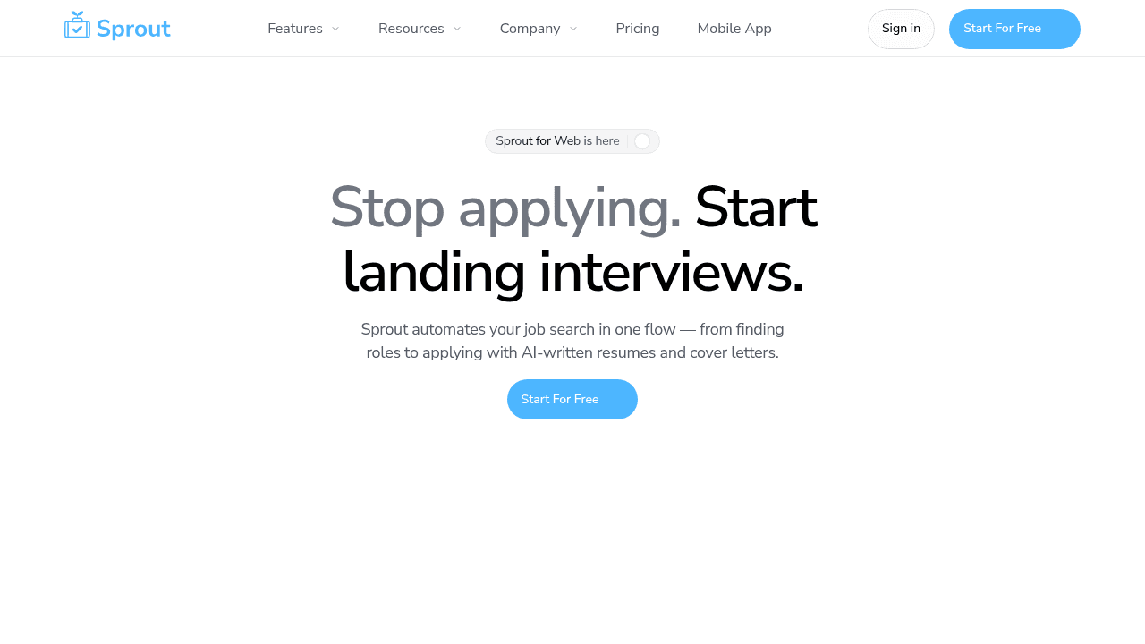 Sprout job application automation platform homepage featuring swipe-to-apply functionality and AI-powered personalization