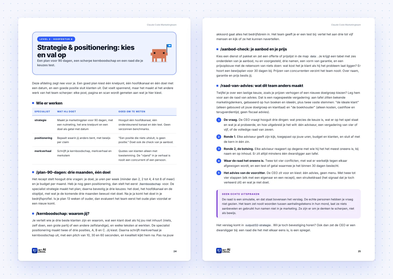 Twee pagina's uit het hoofdstuk Strategie en positionering van de handleiding: de specialisten, de recepten voor het plan en de kernboodschap, en de raad van advies in vijf stappen