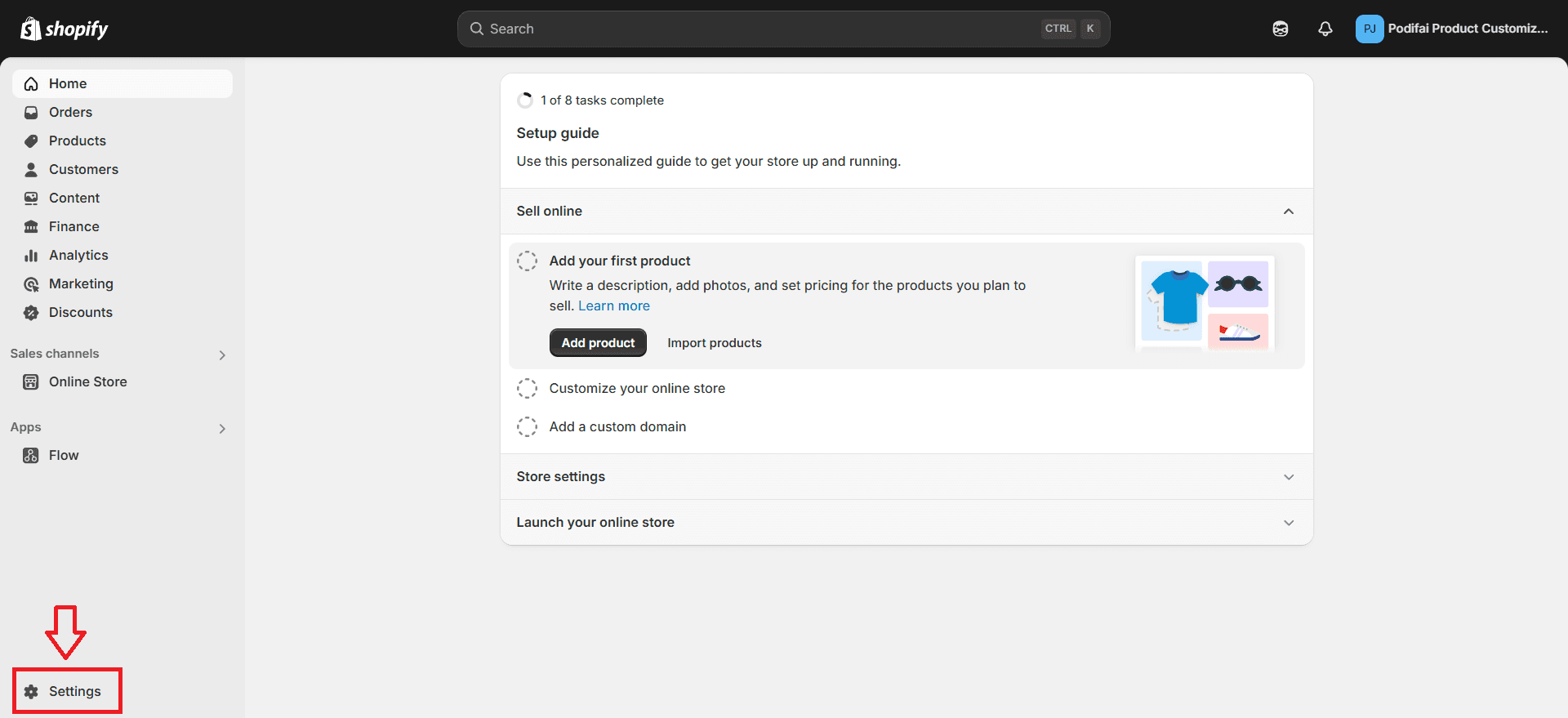Shopify settings button