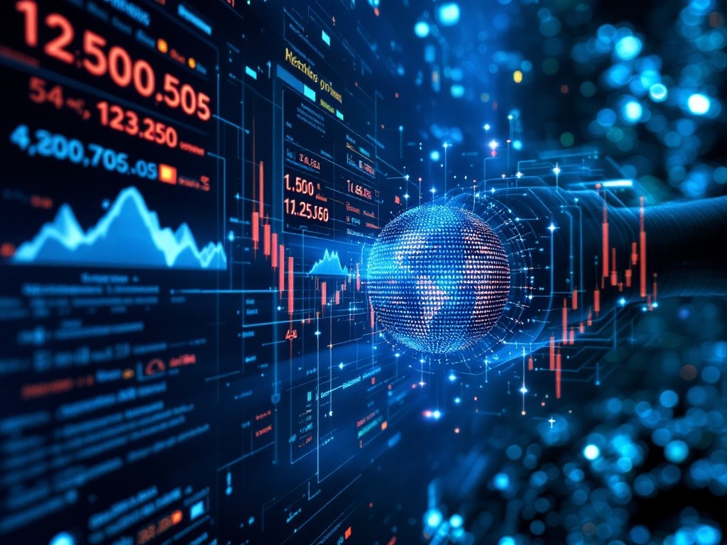 Image of a digital globe with financial data displayed on a screen in the background.