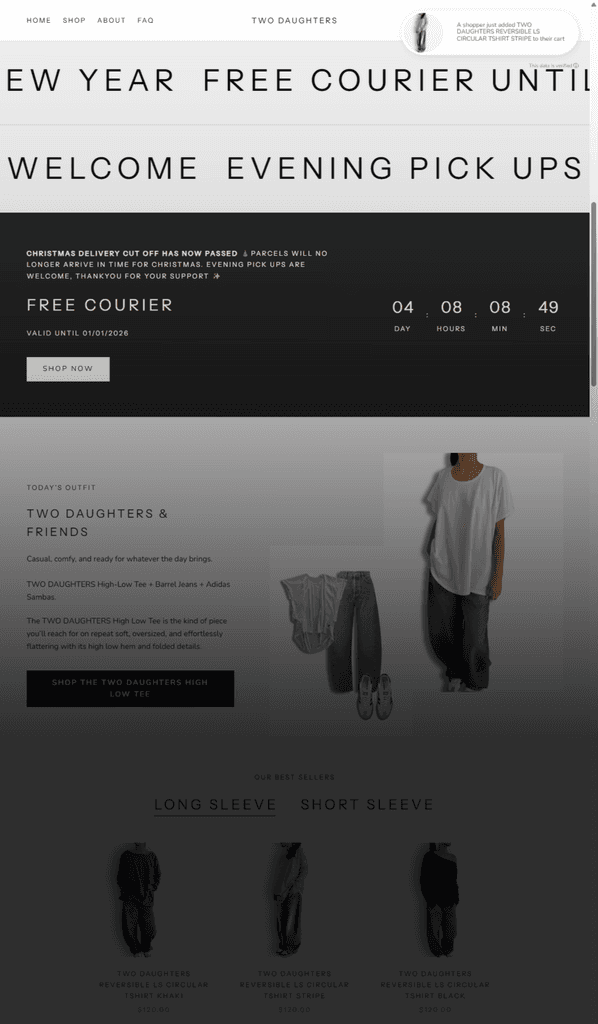 Homepage of Two Daughters Shopify website.