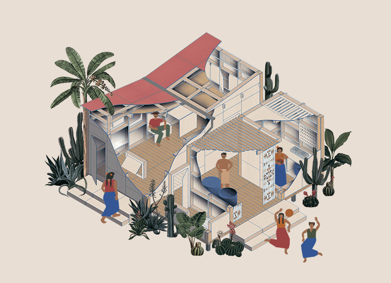 Aksonometry diagram of Emergency Housing Mexico - Finalist, competition entry with Amal Al-Shahari