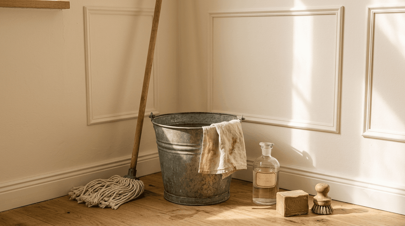 Simple natural cleaning supplies resting in a sunlit room.