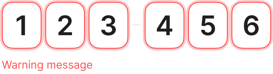 A row of numbered UI selection chips from 1 to 6 with a red outlined 'warning state' active. A small red 'Warning message' is displayed below the elements, demonstrating the error-handling logic within the Murator Design System