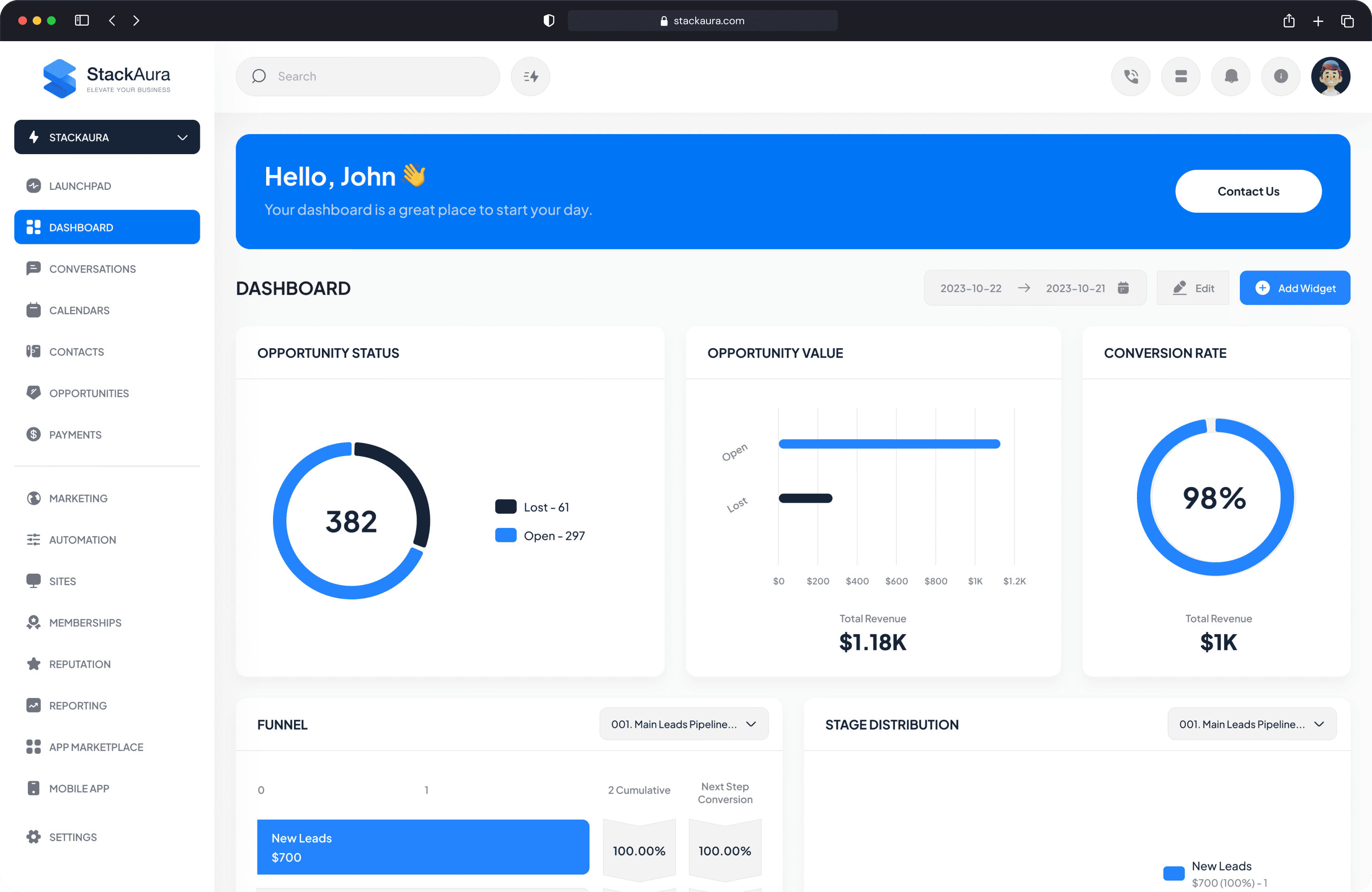 Clean corporate GoHighLevel dashboard customization with branded navigation and CRM widgets | StackAura