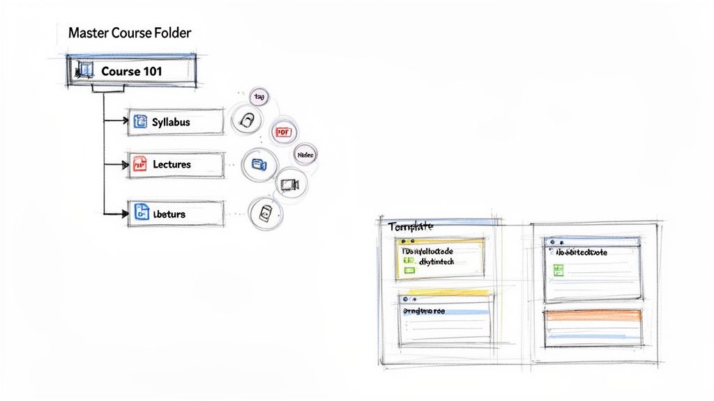 Sketch of a master course folder showing syllabus, lectures, and notes, with content types and templates.