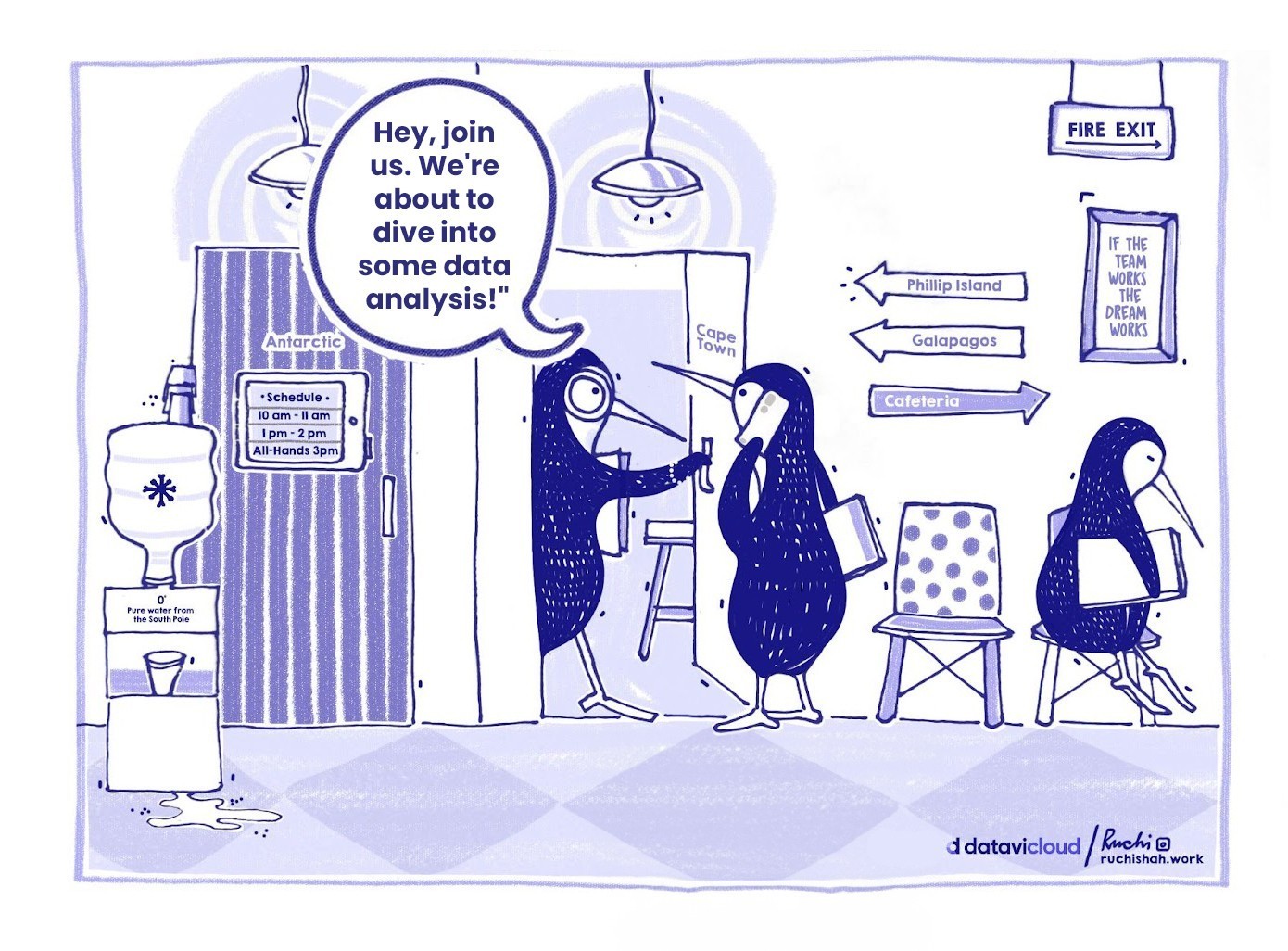 A satirical comic titled "Scaling Data-Driven Teams" showing penguins in an office; one asks another to "dive into some data analysis" while pointing toward a room, mocking the idea that more people equals better insights.